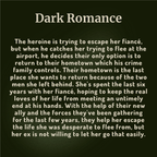 A book cover or digital cover art with the title 'Dark Romance' in large white serif text over a dark olive-green background, followed by a block of white summary text describing a romantic thriller plot.