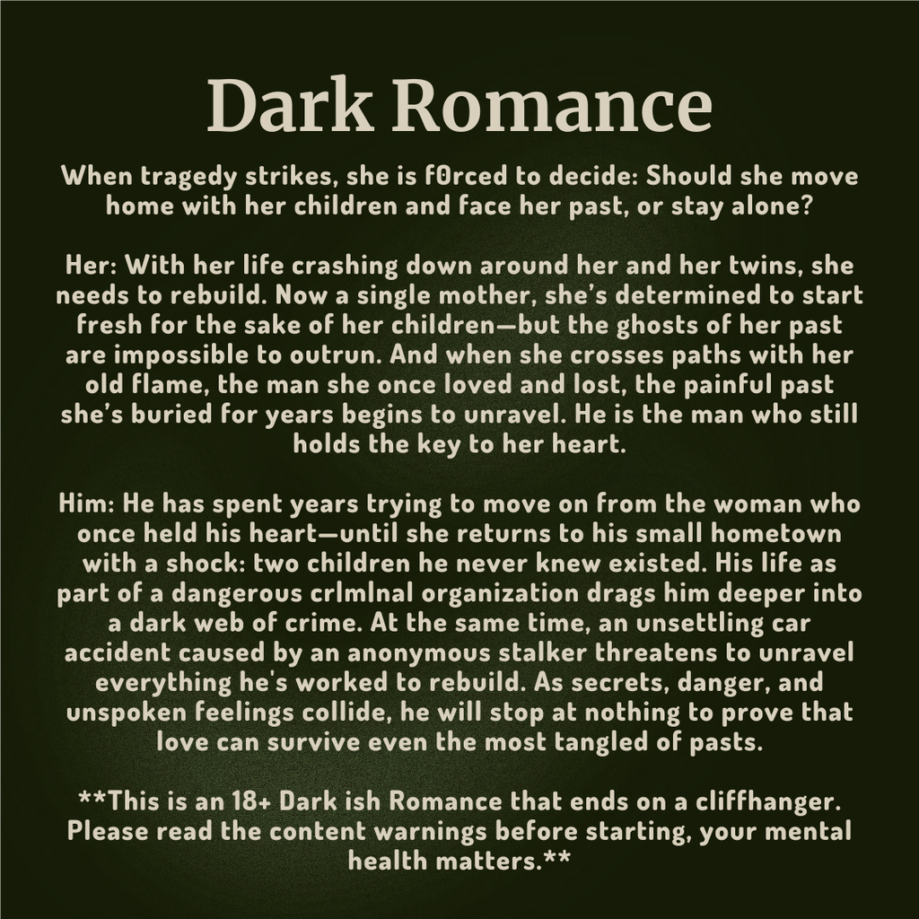 A dark-themed informational graphic with the title 'Dark Romance' at the top and several paragraphs of white text below, warning about content warnings for an 18+ dark ish romance.