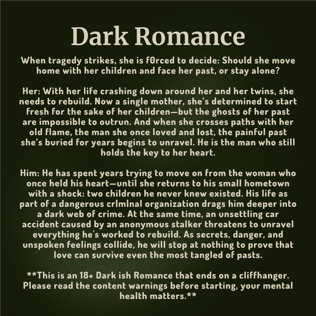 A dark-themed informational graphic with the title 'Dark Romance' at the top and several paragraphs of white text below, warning about content warnings for an 18+ dark ish romance.