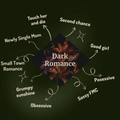 A dark-themed graphic with the words 'Dark Romance' in the center, surrounded by labeled arrows pointing to romantic relationship tropes such as 'Touch her and die,' 'Second chance,' 'Good girl,' 'Posessive,' 'Sassy FMC,' 'Obsessive,' 'Grumpy sunshine,' 'Small Town Romance,' and 'Newly Single Mom' on a dark green background.