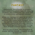 A text-based promotional graphic with the word 'FANTASY' in large yellow letters above three paragraphs of dark gray text on a muted green textured background.