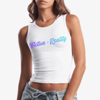 A woman wearing a white tank top with the text 'Fiction > Reality' printed across the chest in a purple-to-blue gradient, paired with light-wash denim jeans against a plain white background.