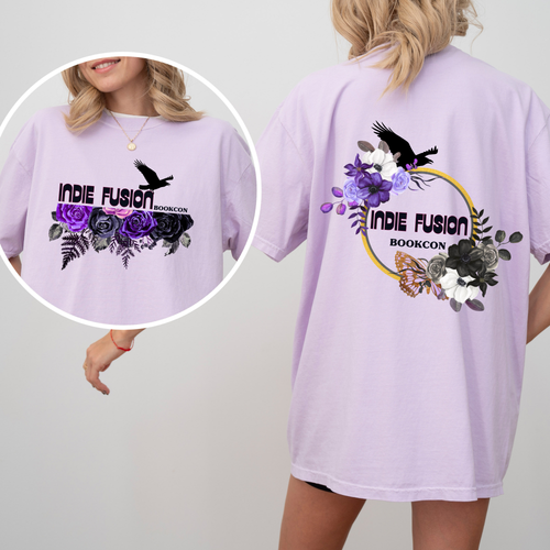 A model wears an oversized light lavender t-shirt showing both the front and back designs. The front features a graphic of purple and black roses with a crow and the text 'INDIE FUSION BOOKCON'.