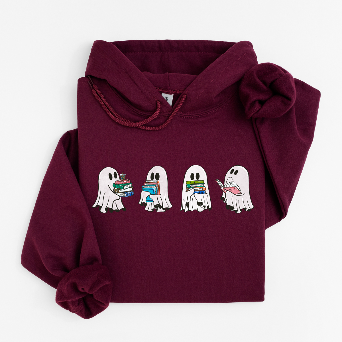A maroon pullover hoodie with a graphic of four cartoon ghosts holding books, displayed flat against a light gray background.